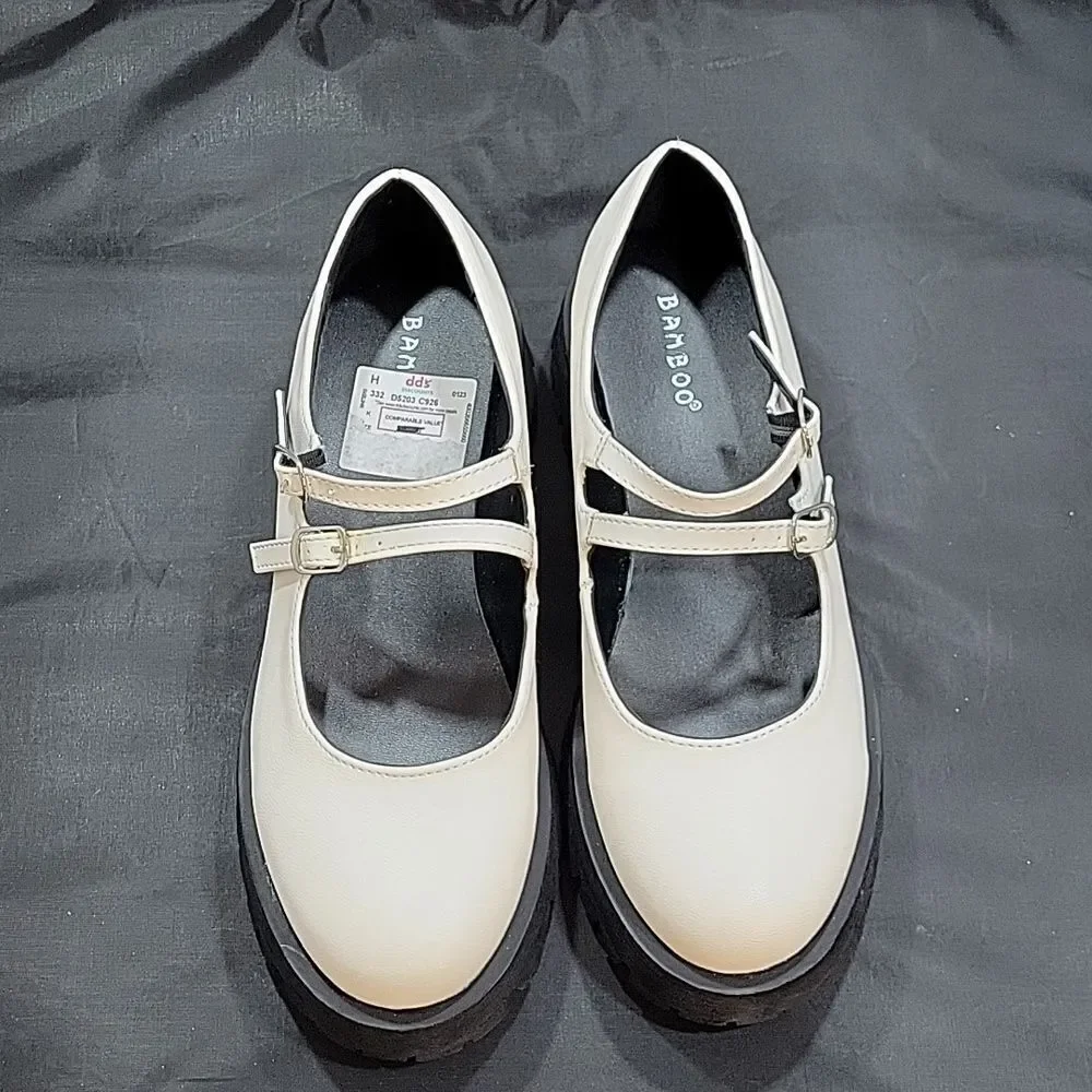 BRAND NEW BAMBOO DOUBLE BUCKLE DECOR FLATFORM MARY JANE SHOES